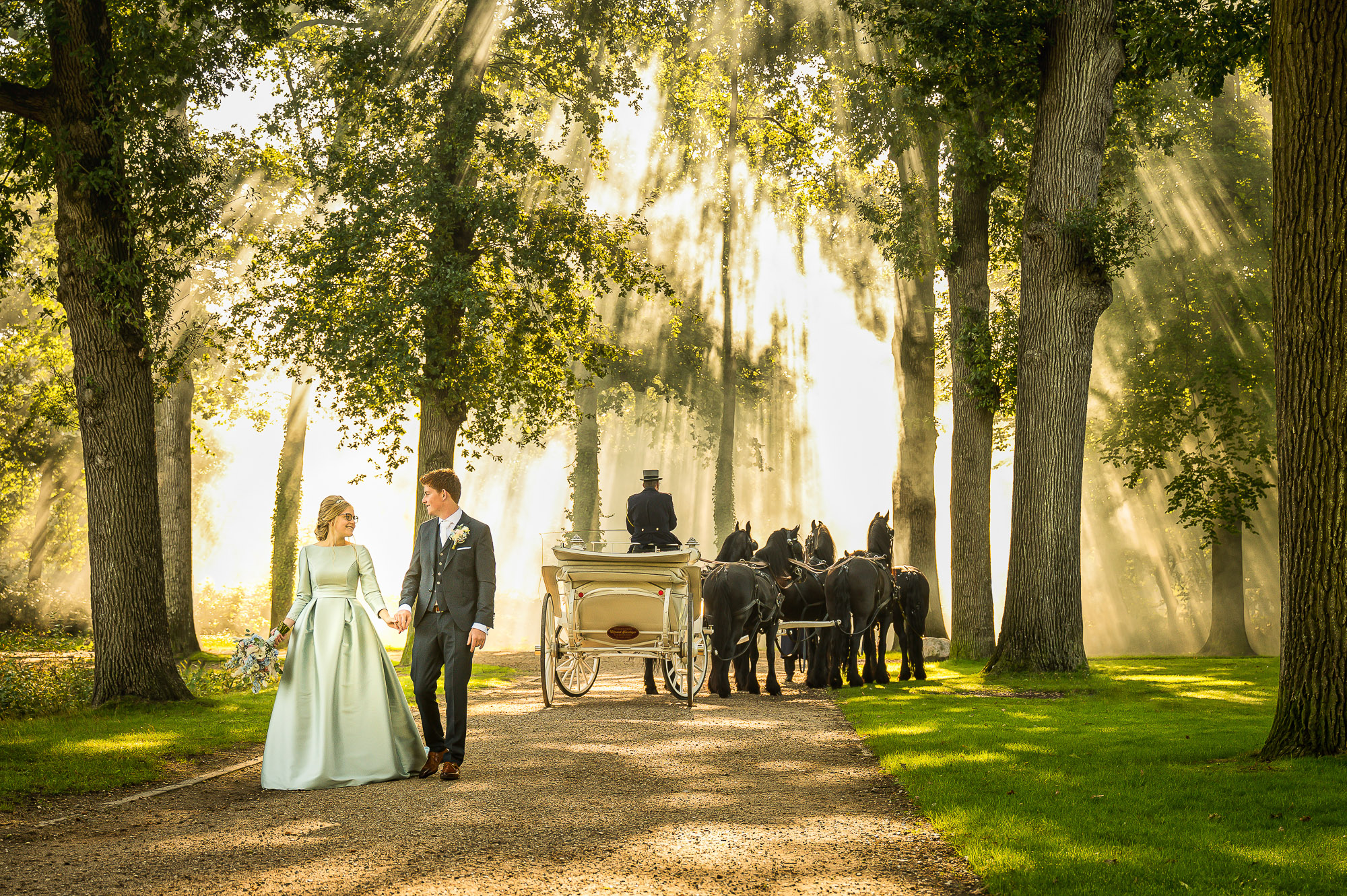 Peter-Henrieke-Jan-van-de-Maat-Bruidsfotografie-Trouwfotografie-Trouwkoets-Stralen-Paarden-Bos